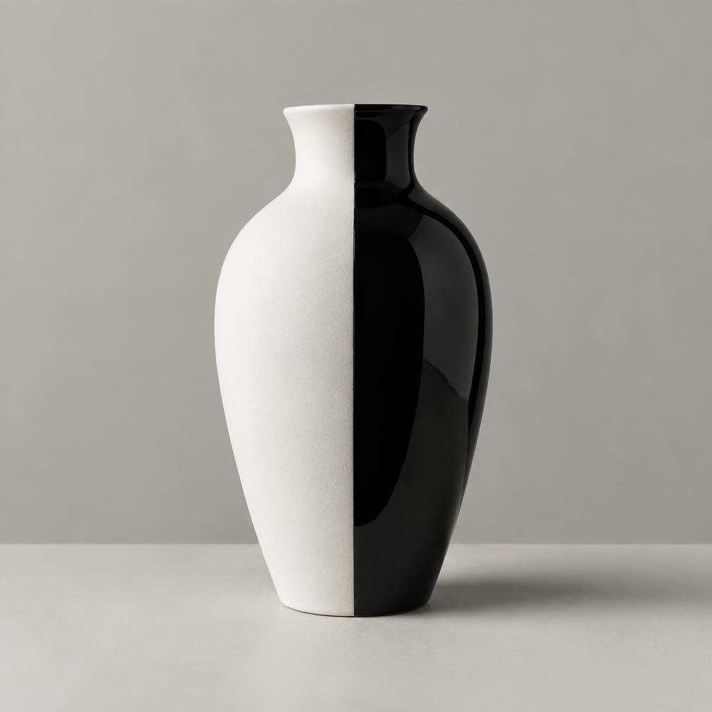 Halved Vase — matte white and gloss black ceramic